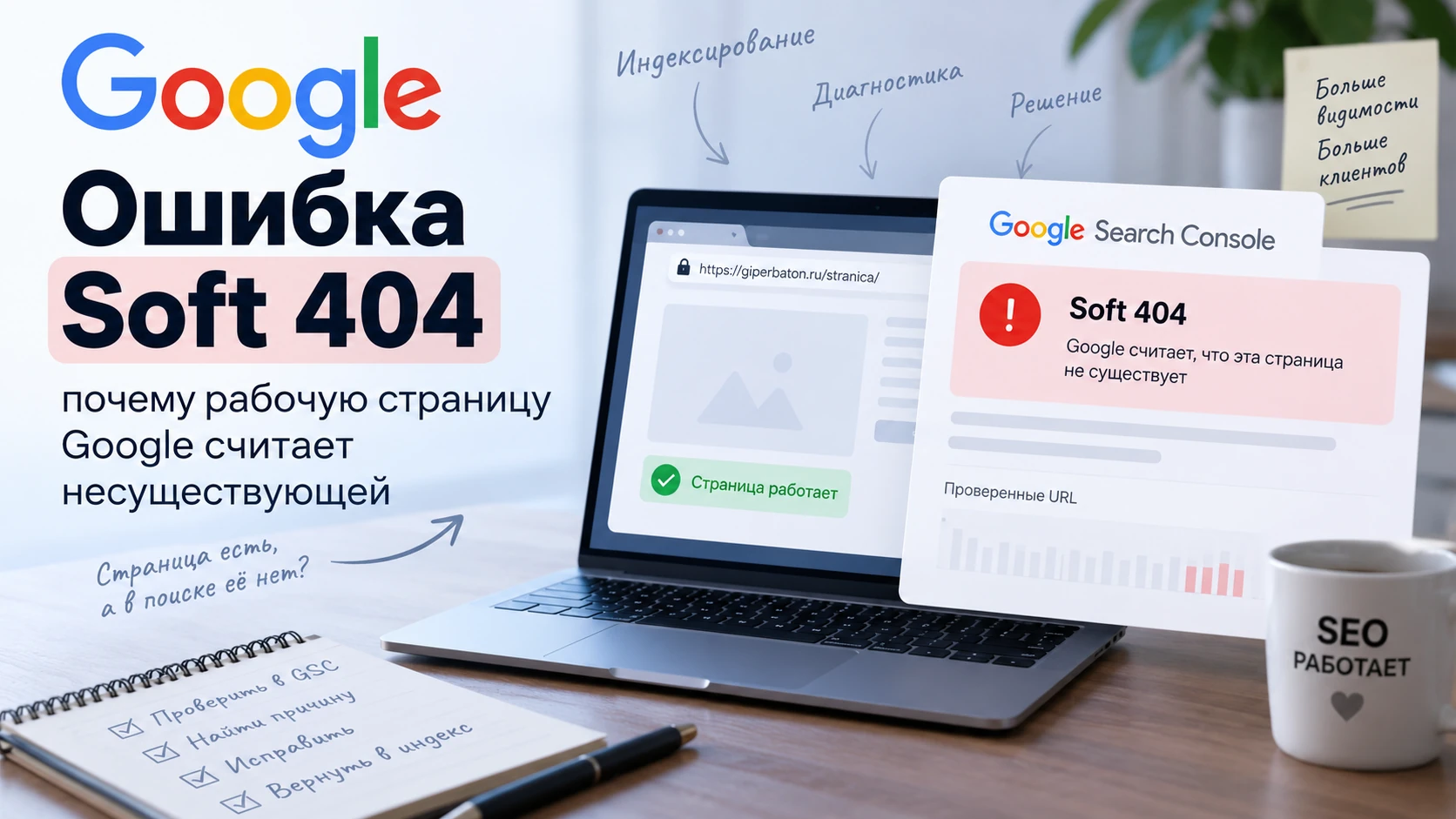 Ошибка Soft 404 в Google Search Console — обложка статьи GiperBaton
