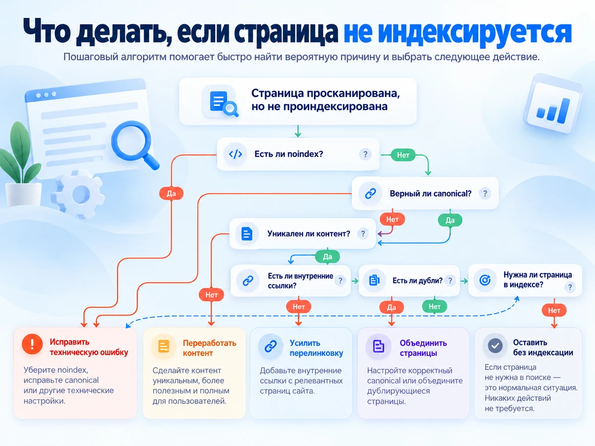 Алгоритм проверки страницы, которую Google просканировал, но не проиндексировал