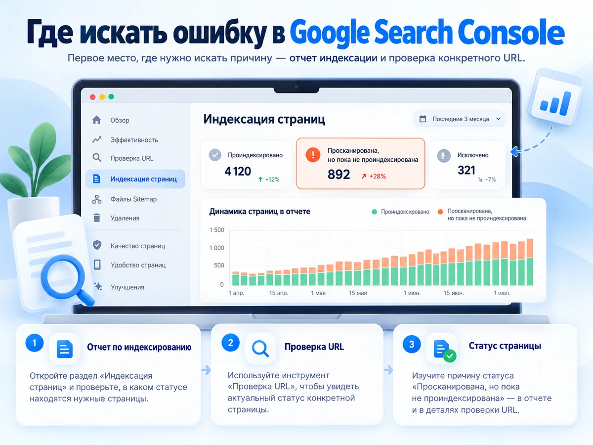 Где искать причину статуса Просканирована, но пока не проиндексирована в Google Search Console