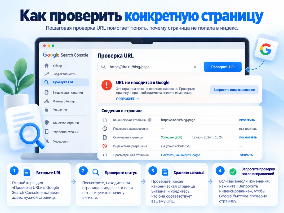 Пошаговая проверка конкретной страницы в Google Search Console