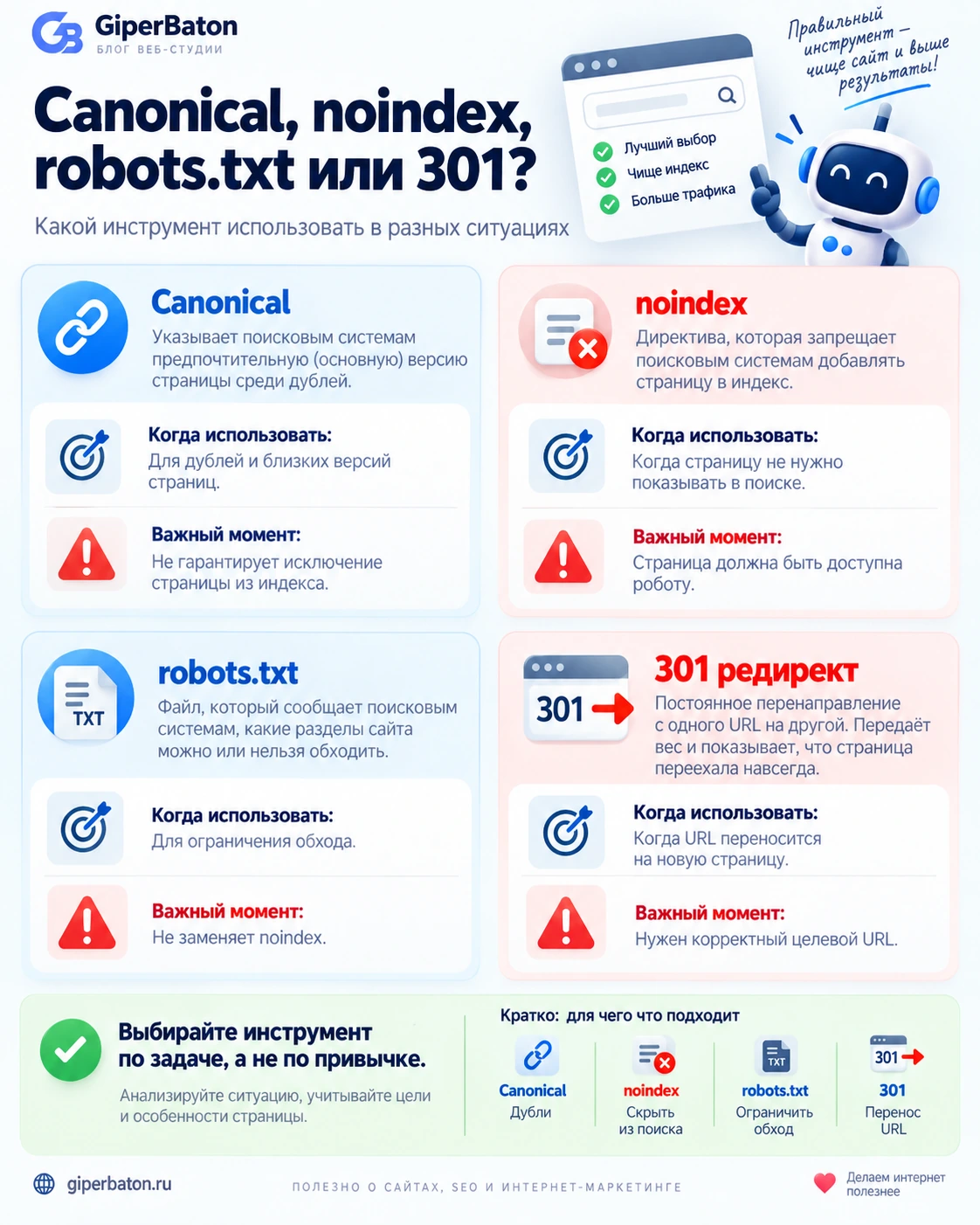 Когда использовать canonical, noindex, robots.txt и 301 редирект