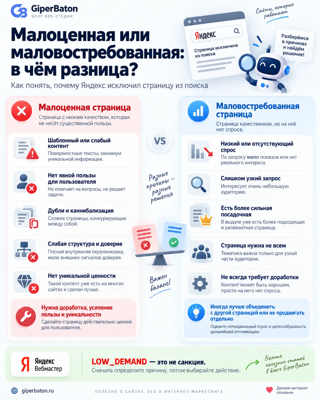 Сравнение малоценной и маловостребованной страницы в Яндексе