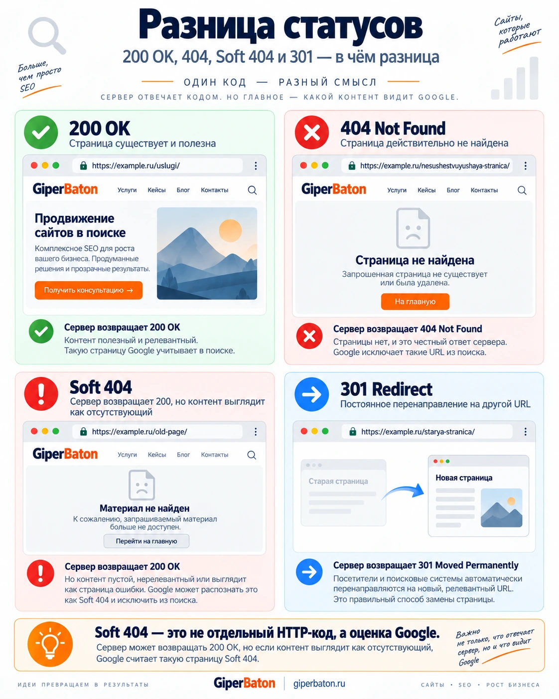 Сравнение HTTP-статусов 200 OK, 404 Not Found, Soft 404 и 301 Redirect