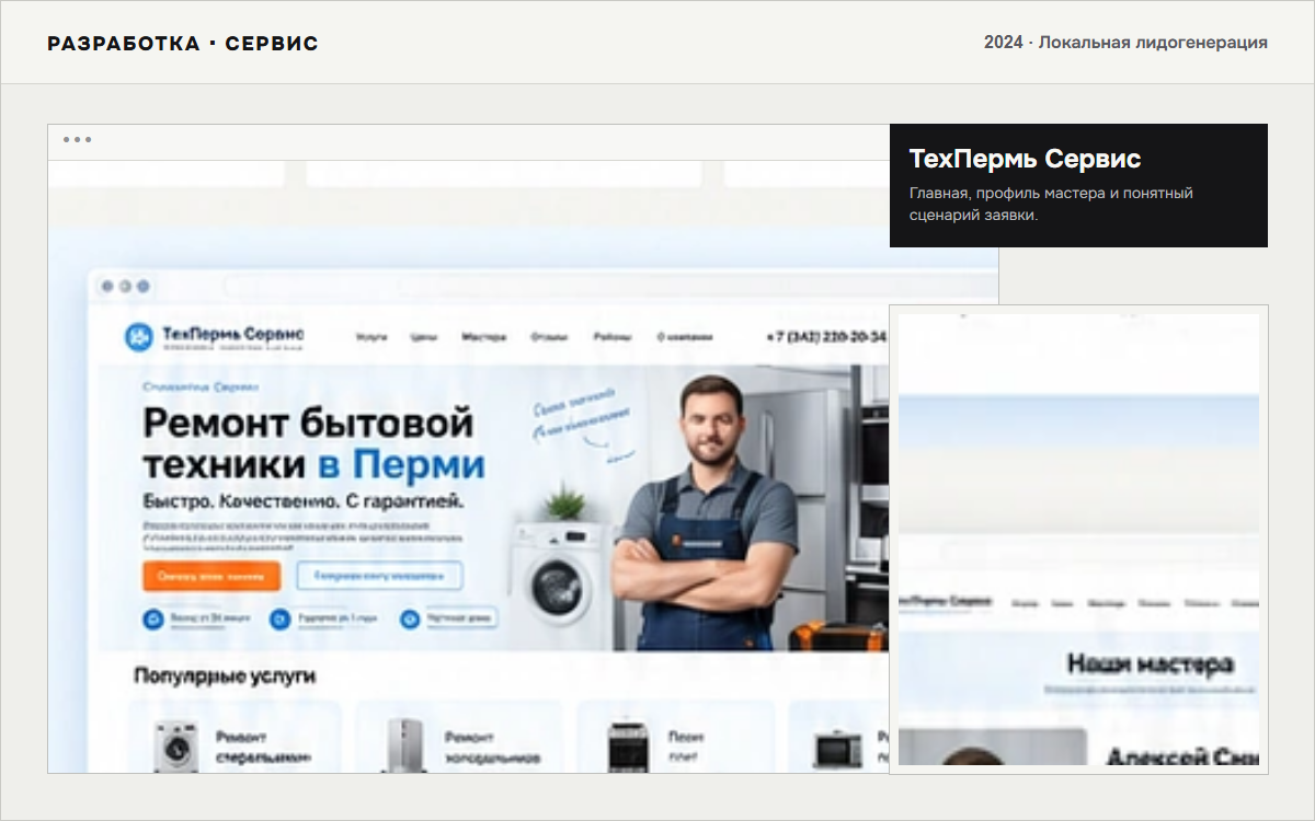 Главная и профиль мастера сайта ТехПермь Сервис